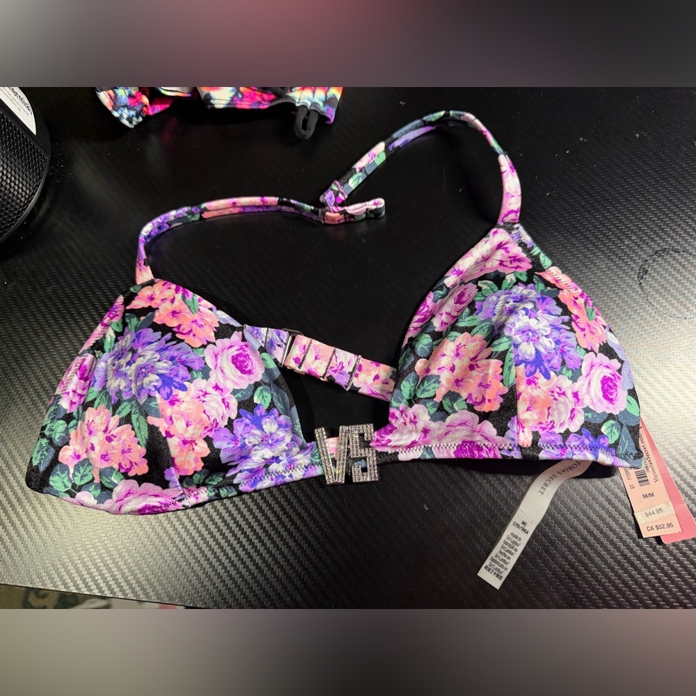 Victoria's Secret Floral Triangle Bikini Top in Black, Pink, Purple and Green
